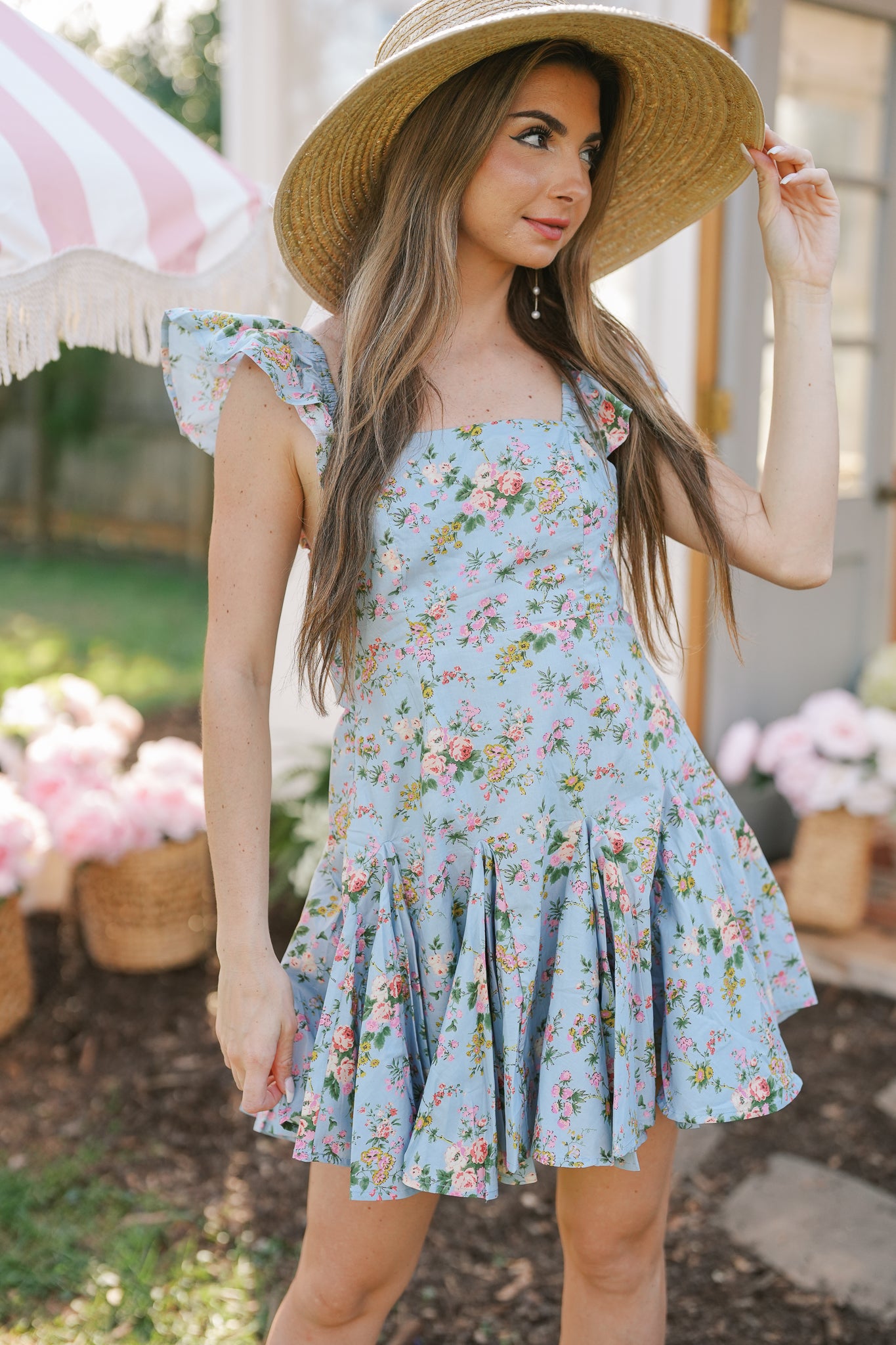 Flutter Sleeve Blue Multi-Floral Dress