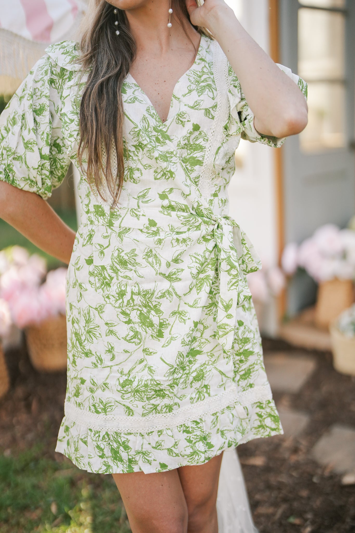 Cream and Green Floral Wrap Dress