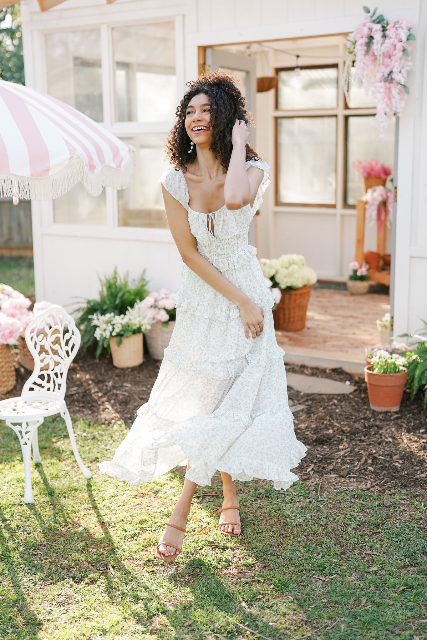 White and Green Floral Maxi Dress