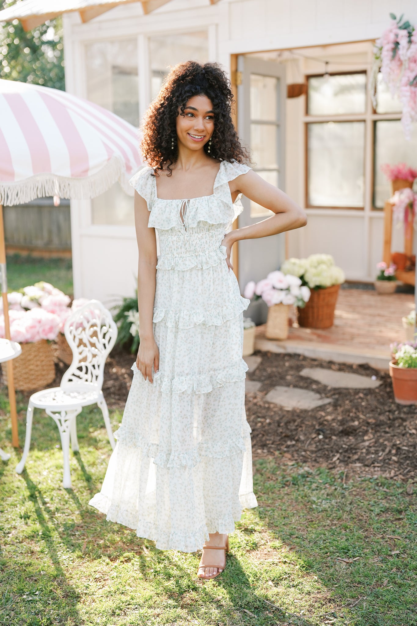 White and Green Floral Maxi Dress