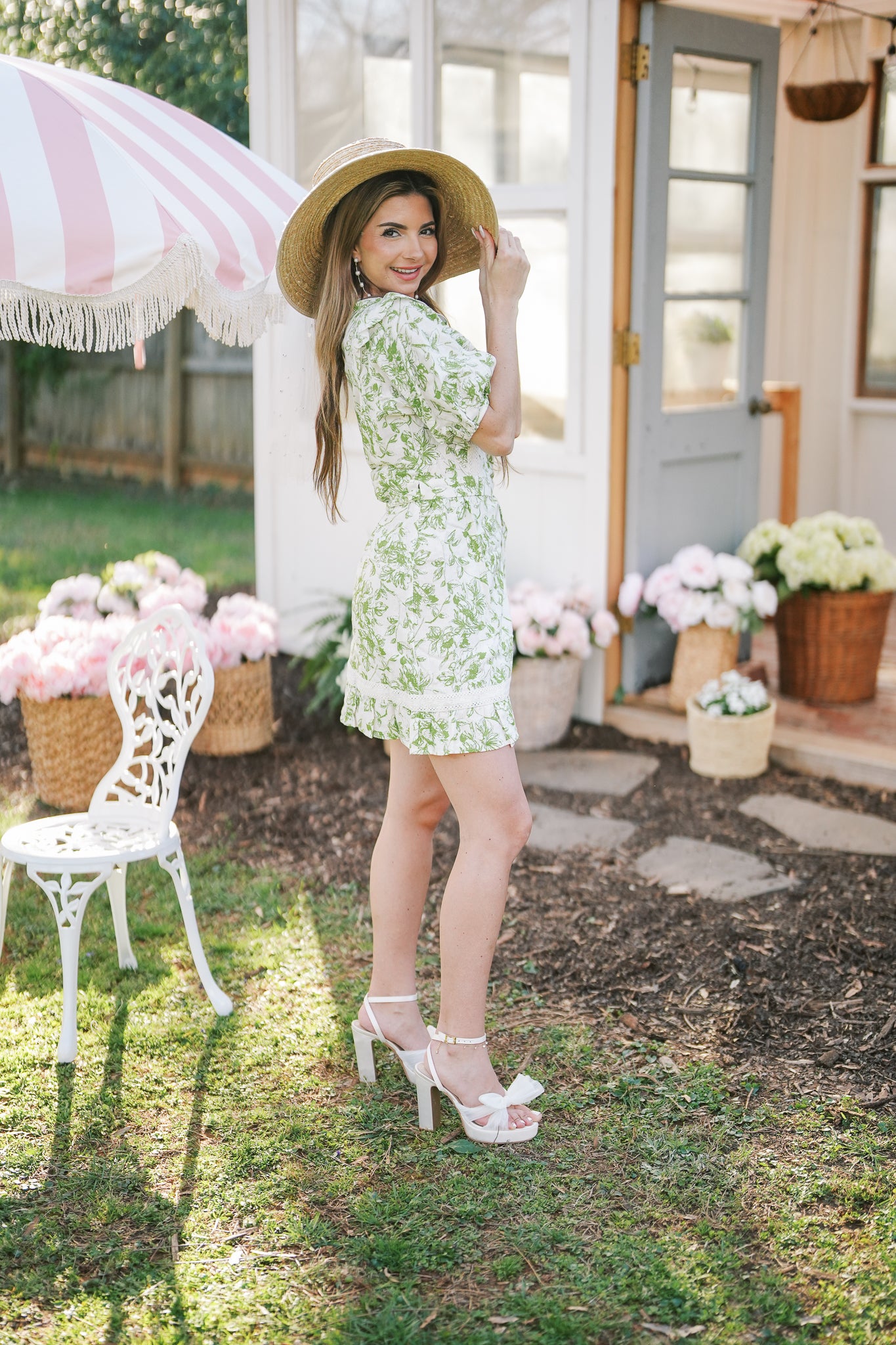Cream and Green Floral Wrap Dress