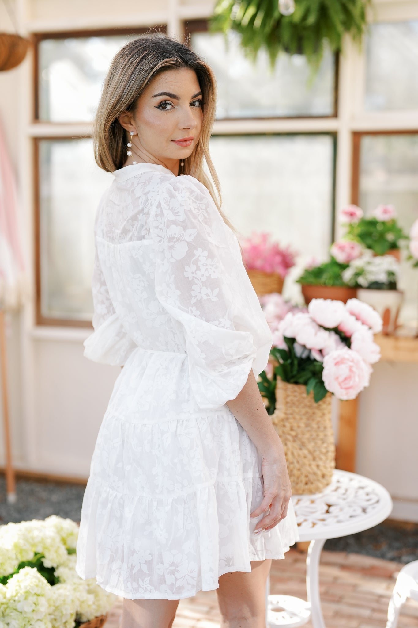 Button Down Mini Dress with Puff Sleeves