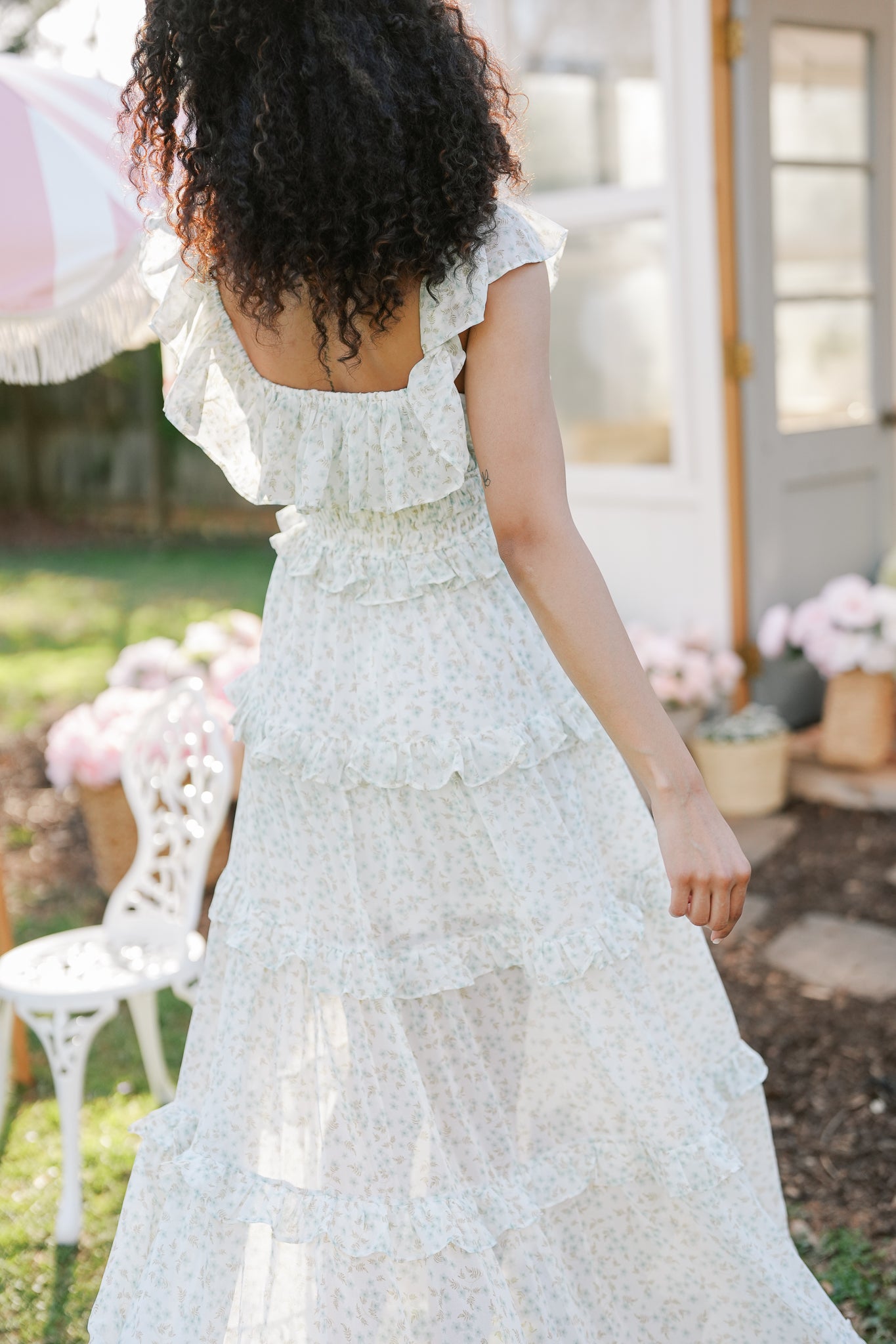 White and Green Floral Maxi Dress