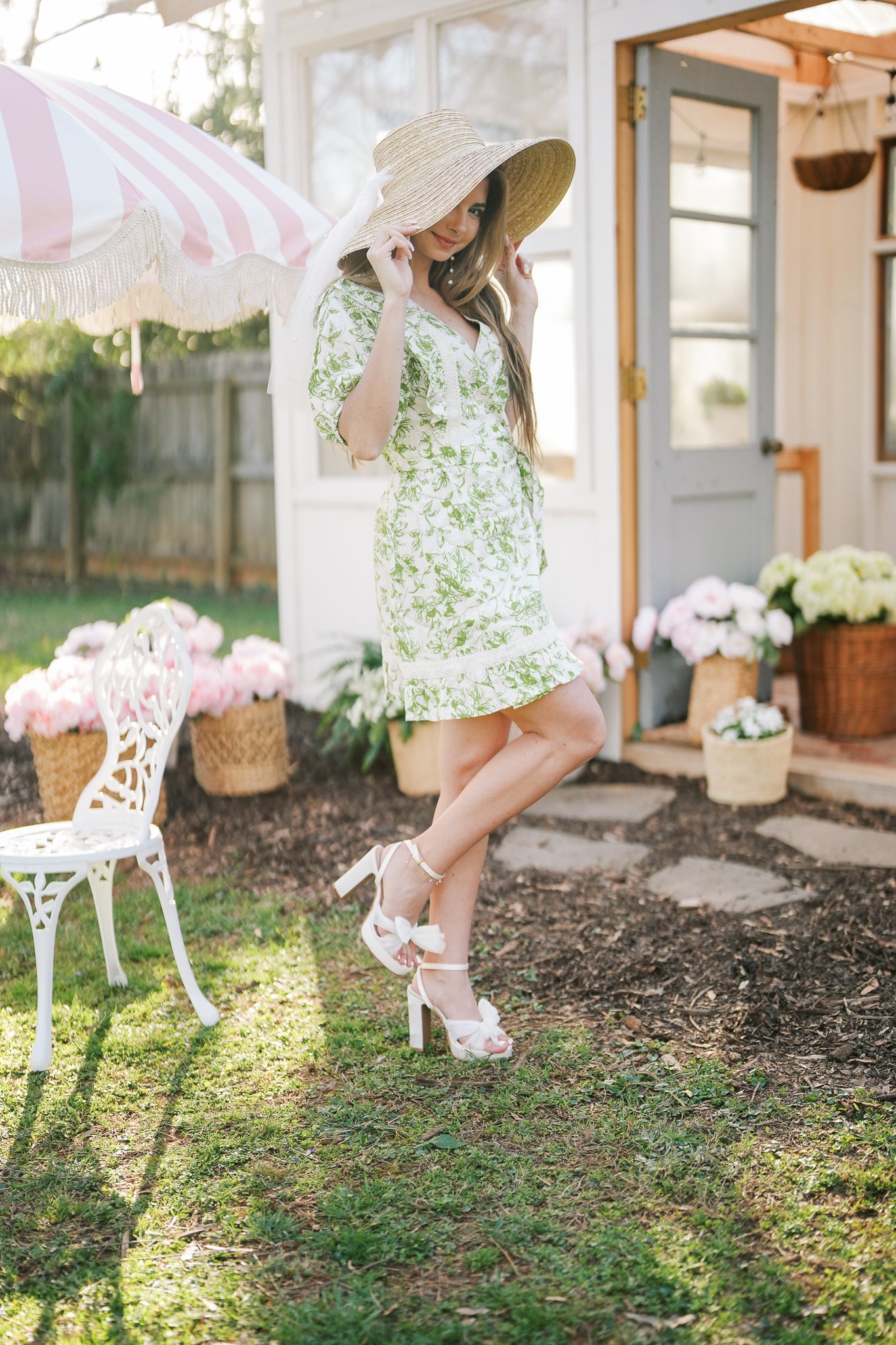 Cream and Green Floral Wrap Dress