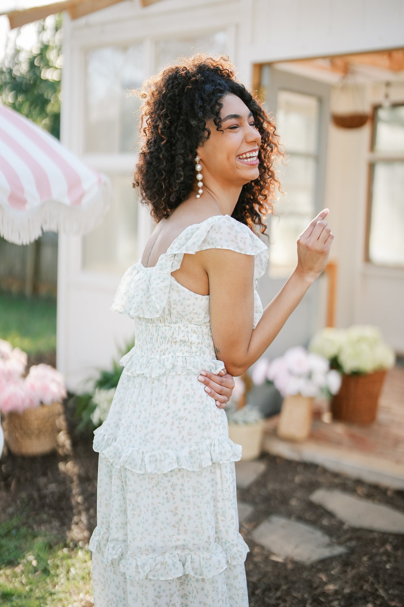 White and Green Floral Maxi Dress