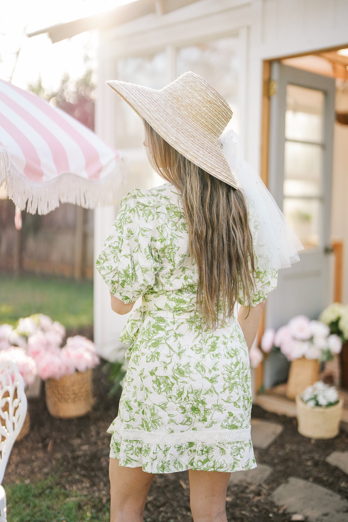 Cream and Green Floral Wrap Dress