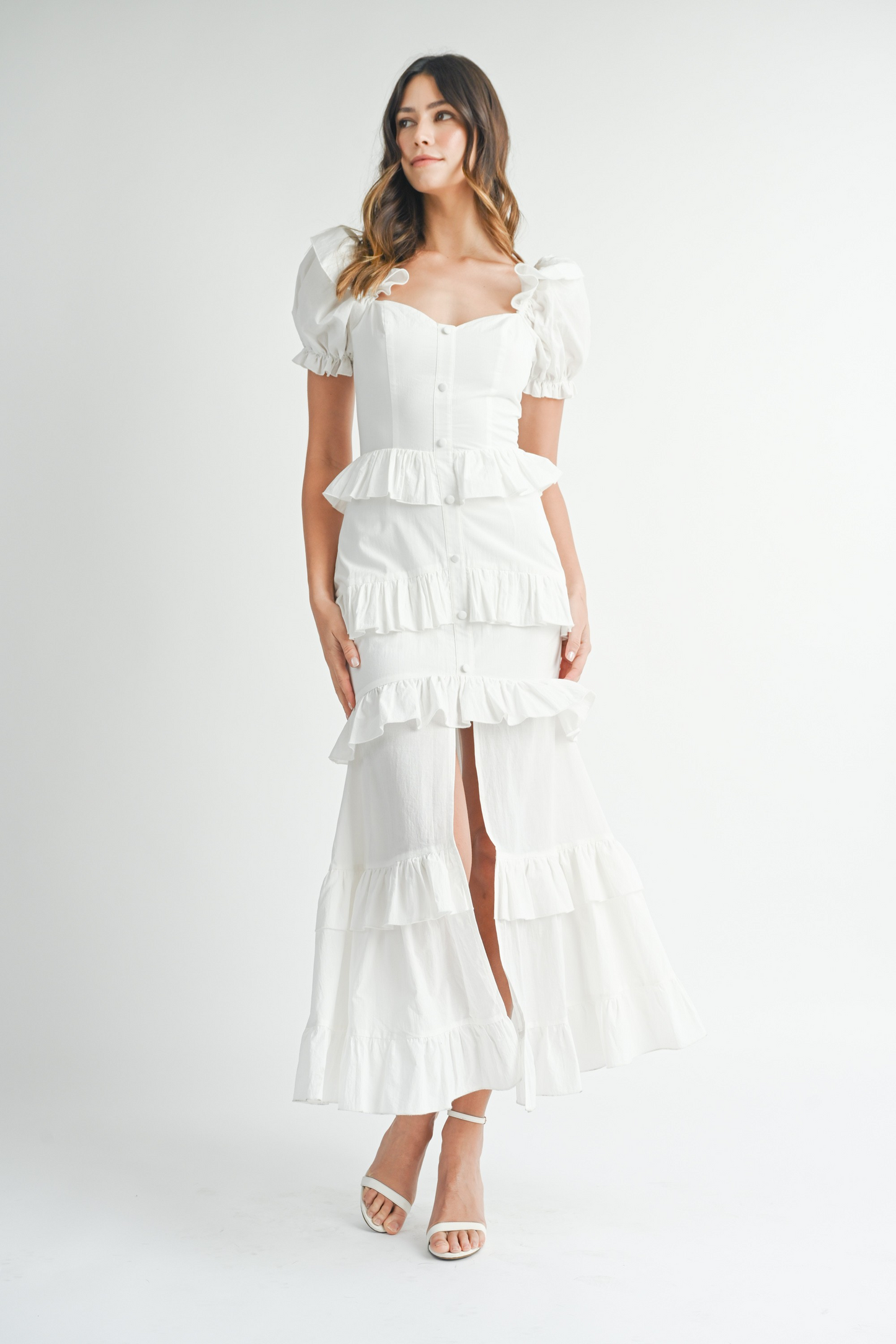 Button Front Ruffle Tiered Maxi Dress