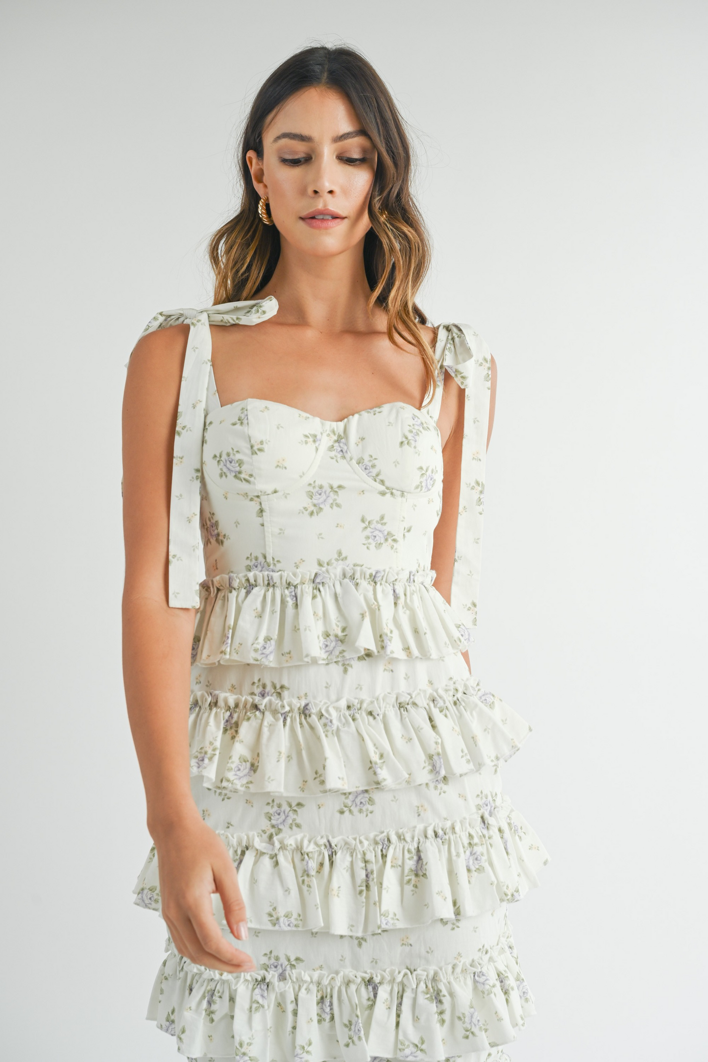 Elisa Ruffle Tiered Bustier Midi Dress