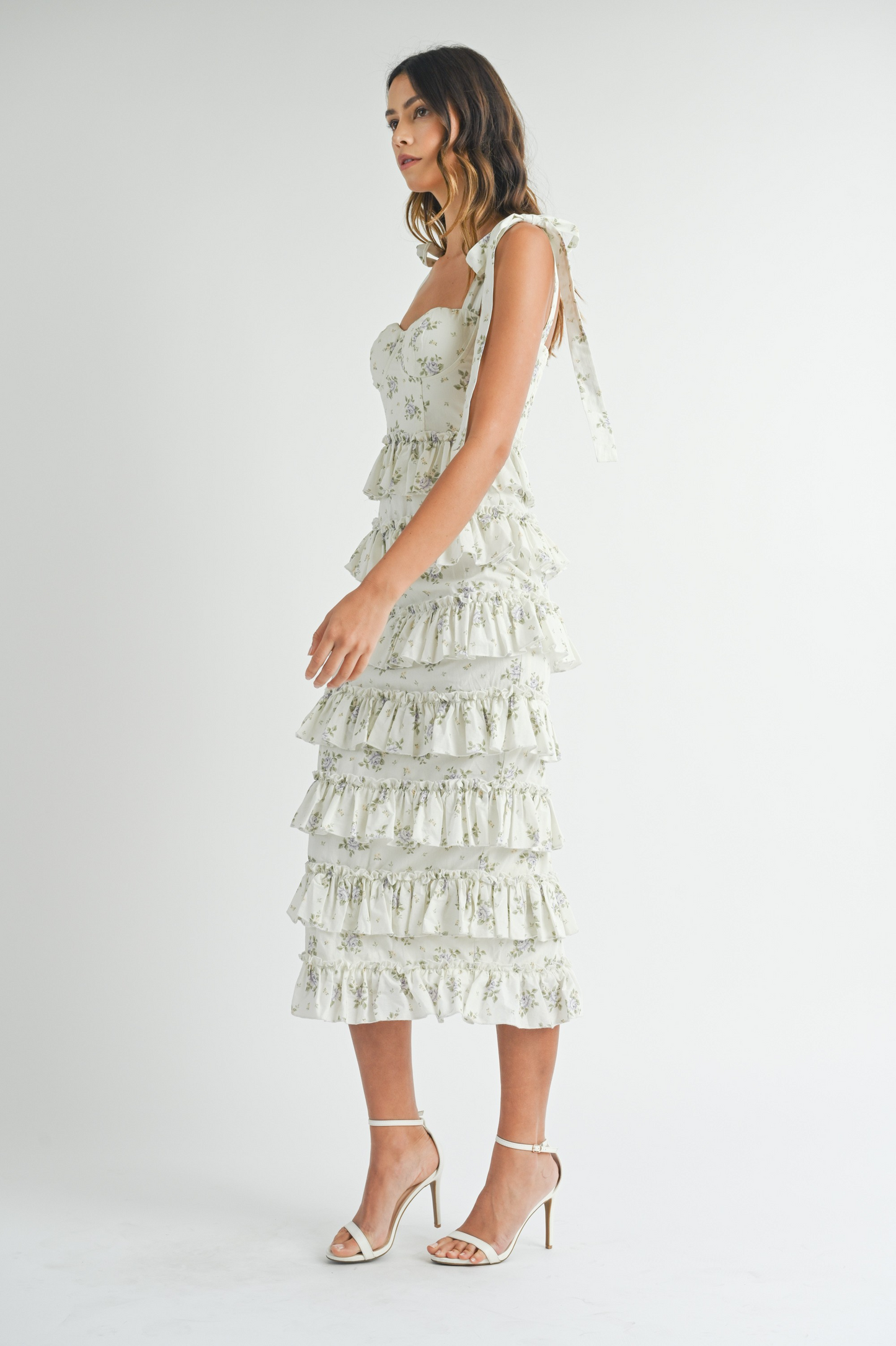 Elisa Ruffle Tiered Bustier Midi Dress