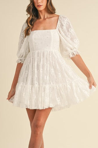 Bow Pearl Tulle Mini Dress Small / Off White Bow Pearl Tulle Mini Dress Small / Off White