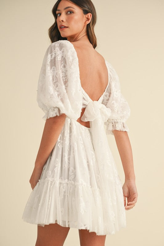 Bow Pearl Tulle Mini Dress