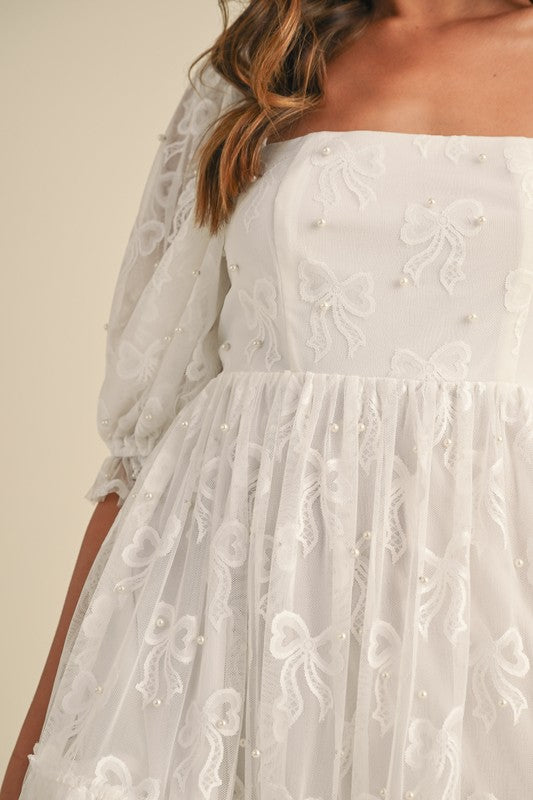 Bow Pearl Tulle Mini Dress