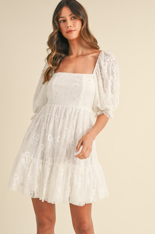 Bow Pearl Tulle Mini Dress