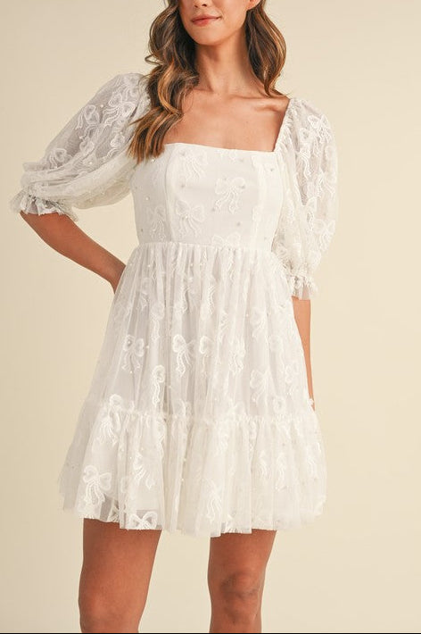 Bow Pearl Tulle Mini Dress Small / Off White Bow Pearl Tulle Mini Dress Small / Off White