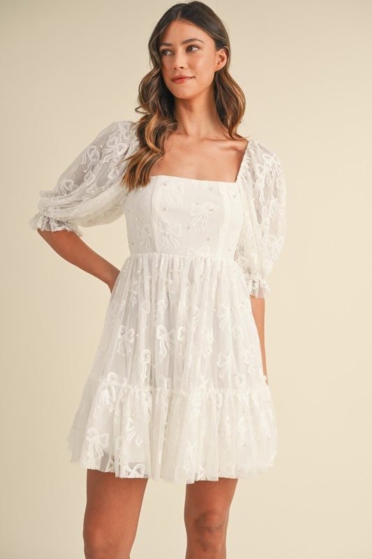 Bow Pearl Tulle Mini Dress