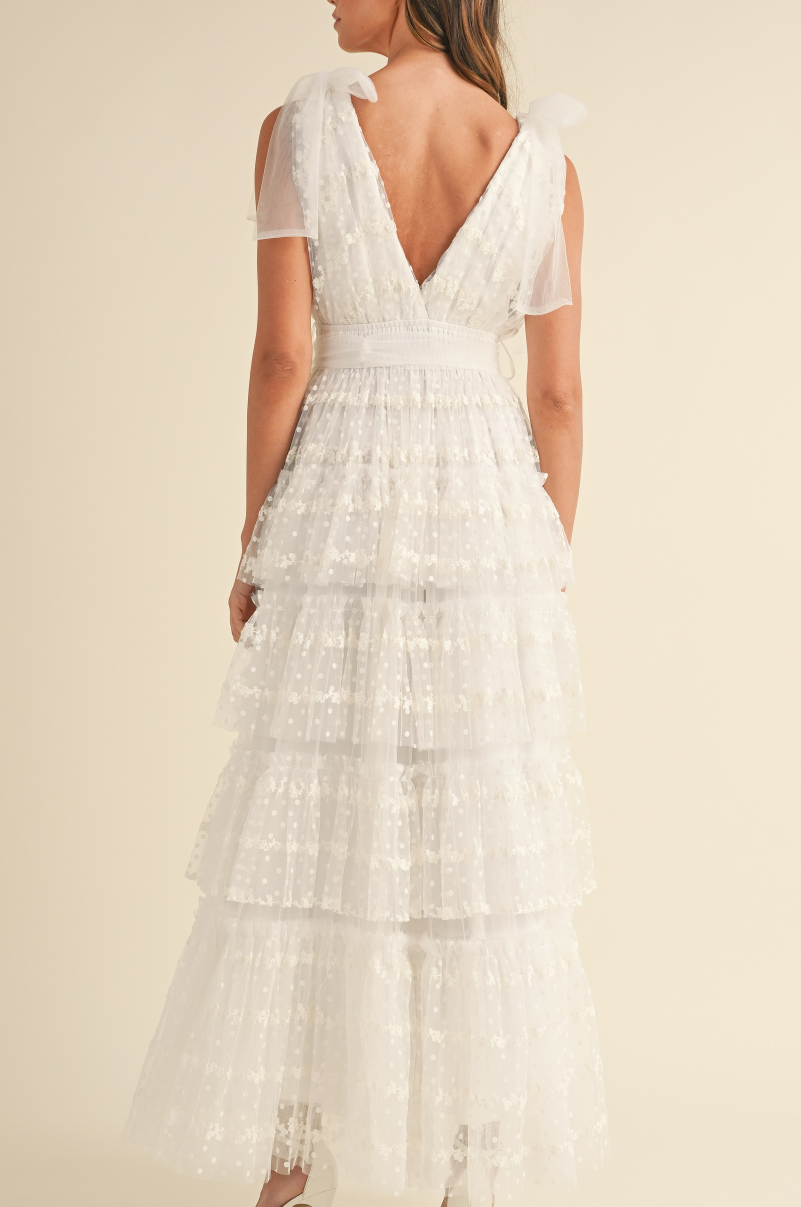 white lace ruffle maxi dress Evalyn Tiered Ruffle Maxi Dress Shop American Threads Women's Trendy Online Boutique White / L