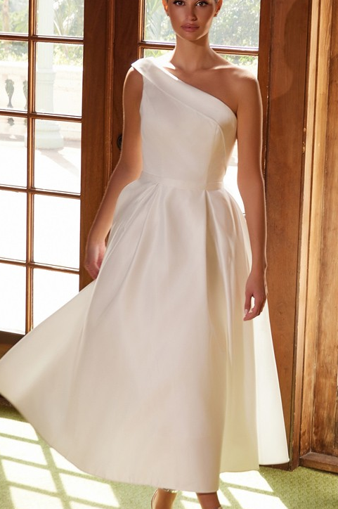 one shoulder white dress Solie- White Silk Pleated One-Shoulder Cutout Side Keyhole Asymetrical Hem Dress
