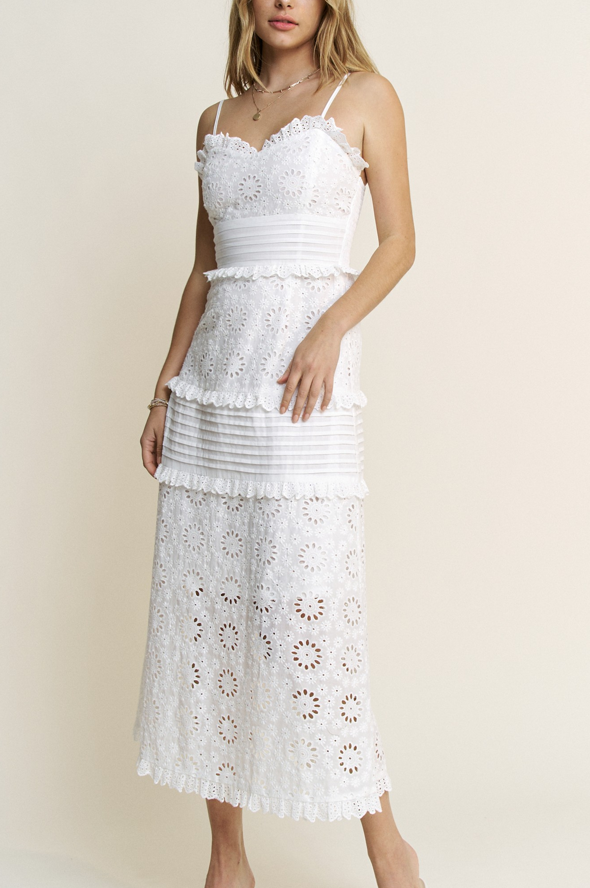 white eyelet cotton dress Harper Midi S Gemma Transition to heeled sandals Guess Dahlia Sleeveless Denim Sold By:Box of 10