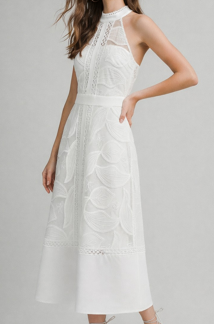 High Neck Lace Midi Dress