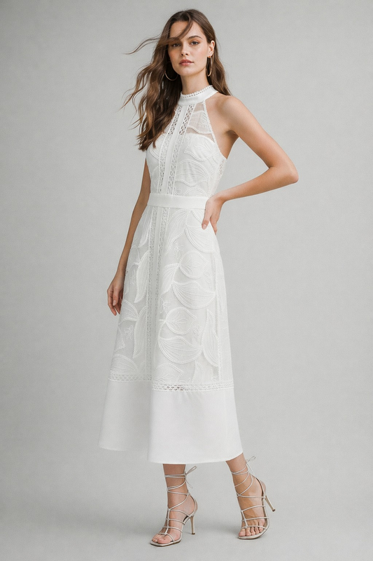 High Neck Lace Midi Dress