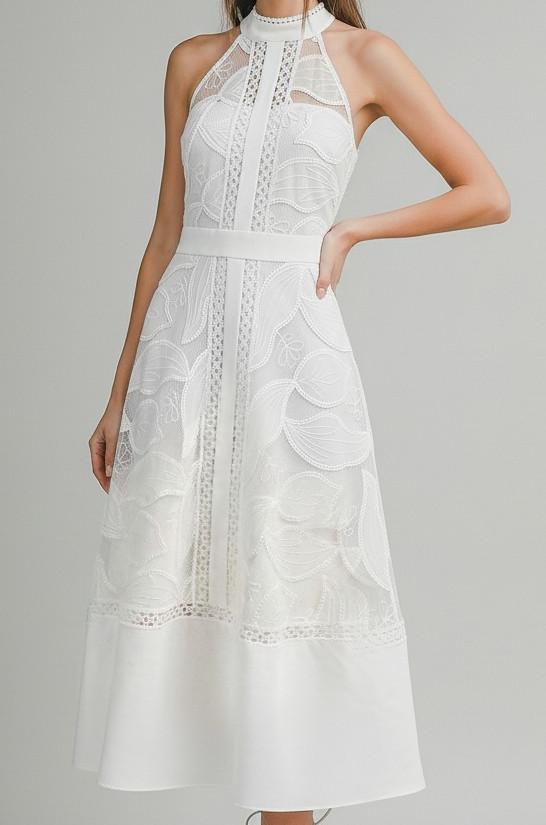 High Neck Lace Midi Dress