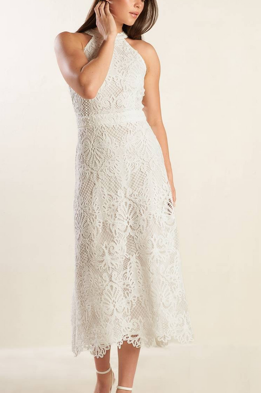 High Neck Cotton Lace Midi Dress