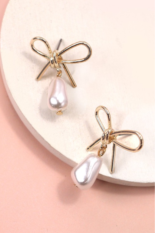 Pearl Dangle Gold Bow Drop Earrings