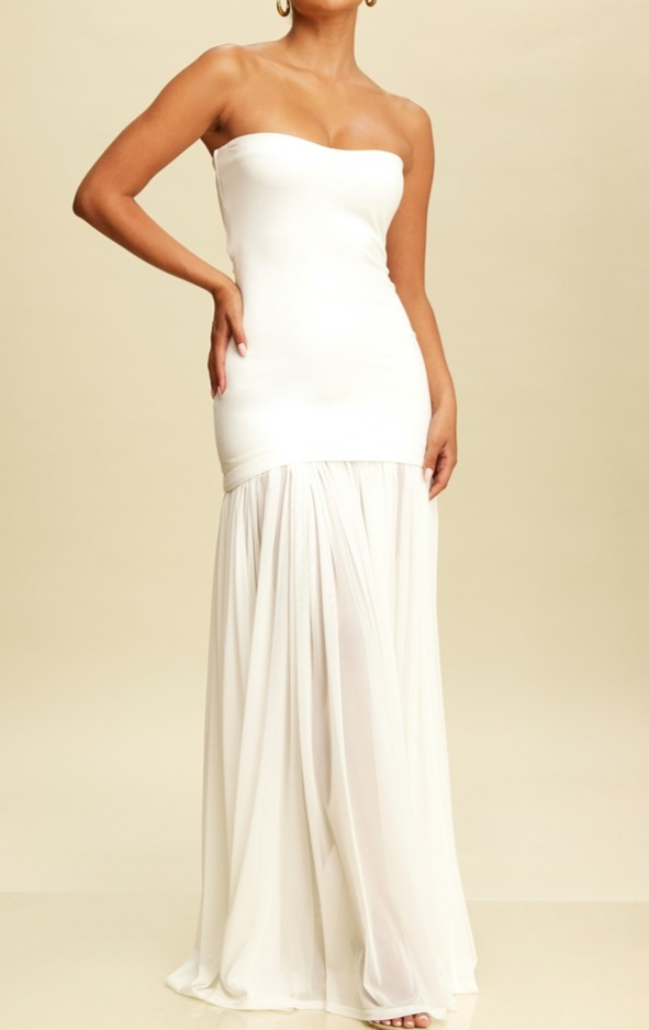 Drop Waist Maxi Dress with Shirred Chiffon – Little White Dress
