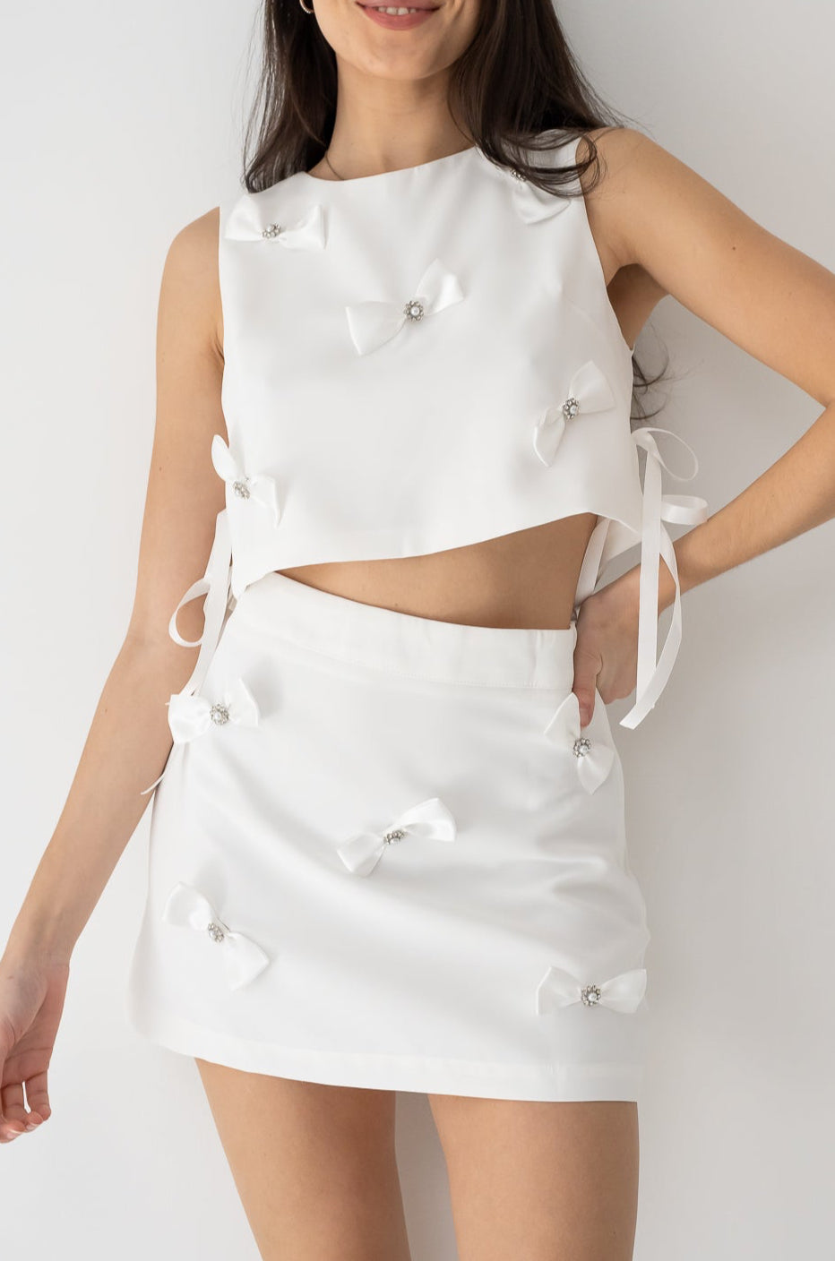 Bow Detailed Crop Top and Mini Skirt Set