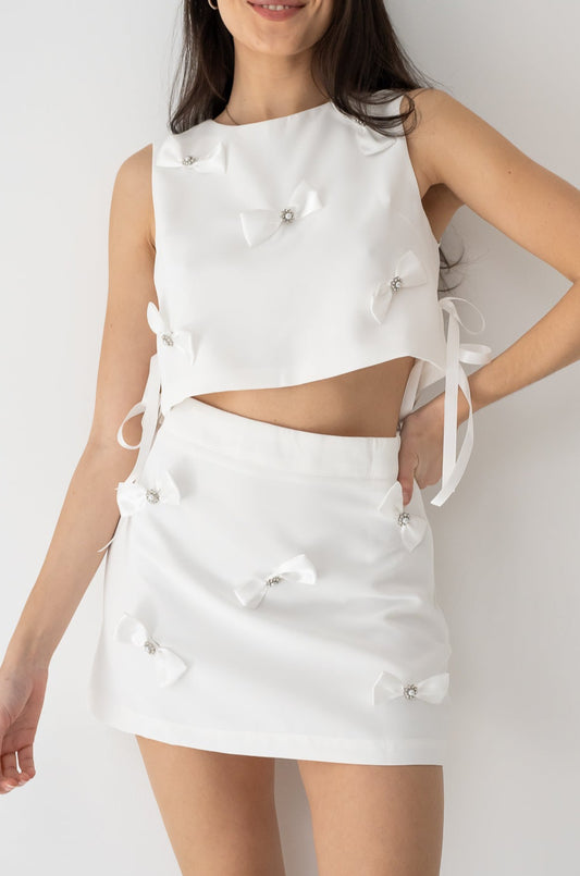 Bow Detailed Crop Top and Mini Skirt Set