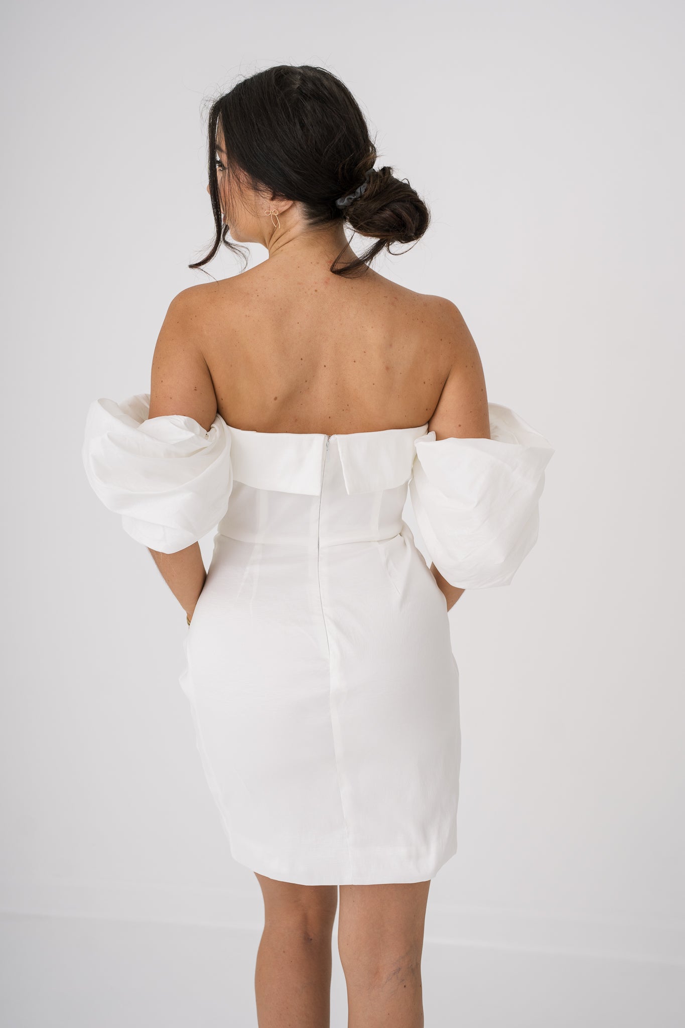 off the shoulder white short dress SANS FAFF Ivy Mini in Length from bust to hem of size S off the shoulder white short