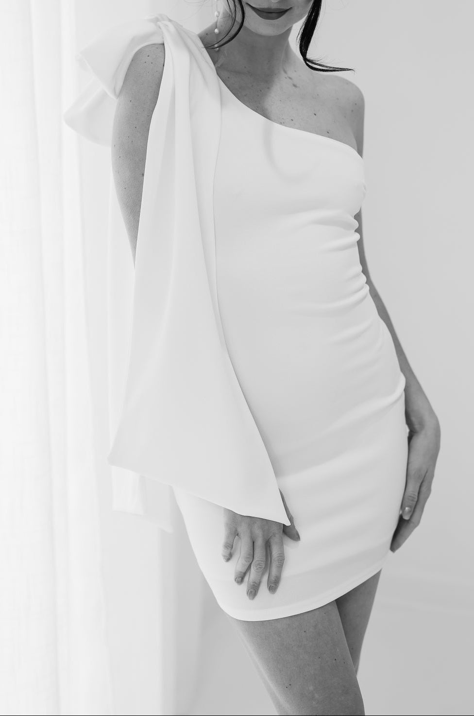 One Shoulder Dress with Oversized Ribbon Small / Ivory One Shoulder Dress with Oversized Ribbon Small / Ivory