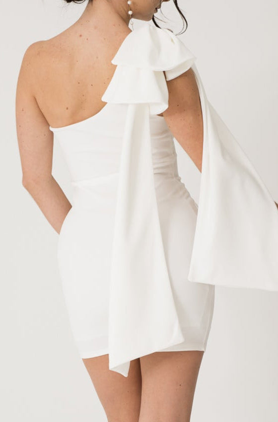 One Shoulder Dress with Oversized Ribbon Little White Dress One Shoulder Dress with Oversized Ribbon Little White Dress