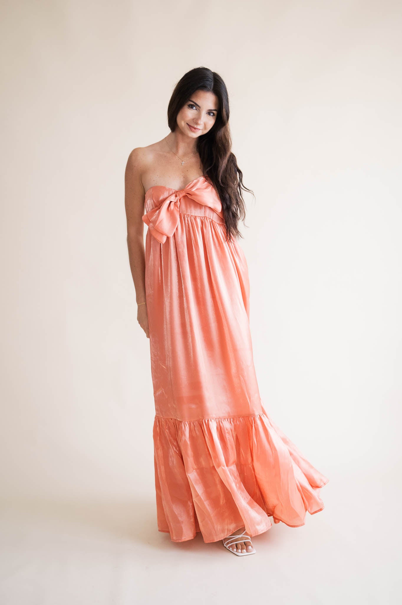 Apricot Satin Bow Maxi Dress