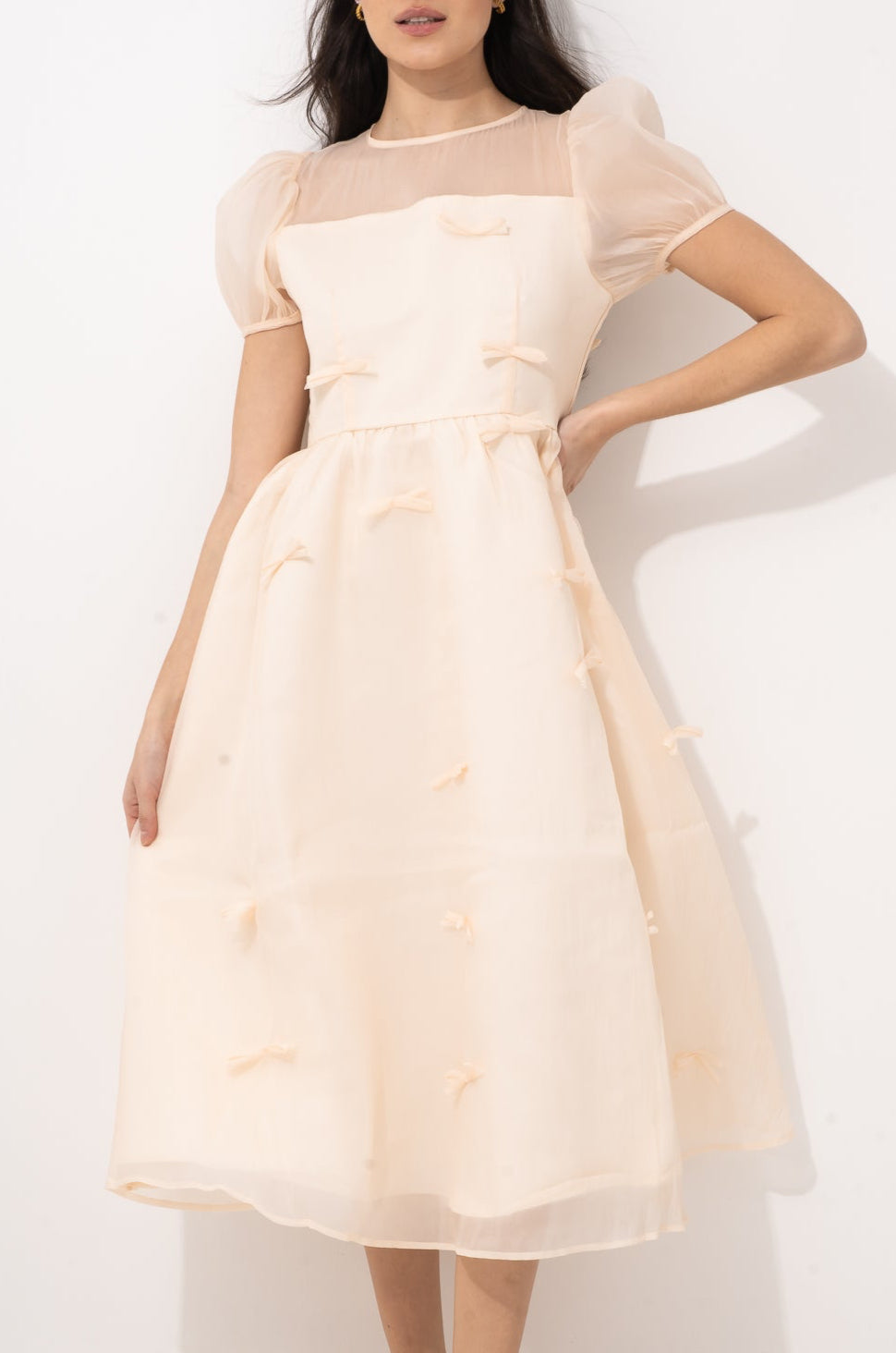 Organza Cream Ribbon Midi Dress