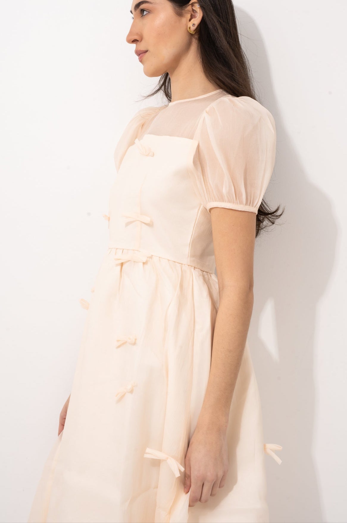 Organza Cream Ribbon Midi Dress