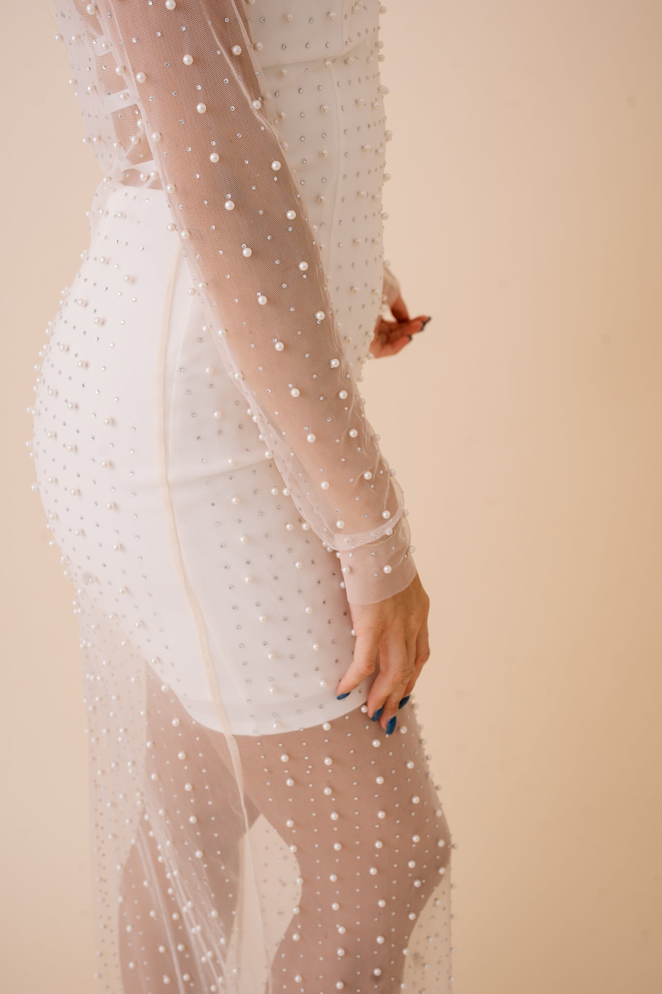 Long Sleeve Pearl Mesh Overlay Maxi Dress