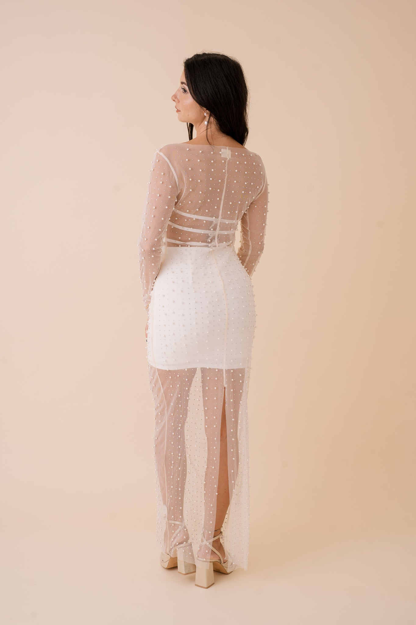 Long Sleeve Pearl Mesh Overlay Maxi Dress – Little White Dress