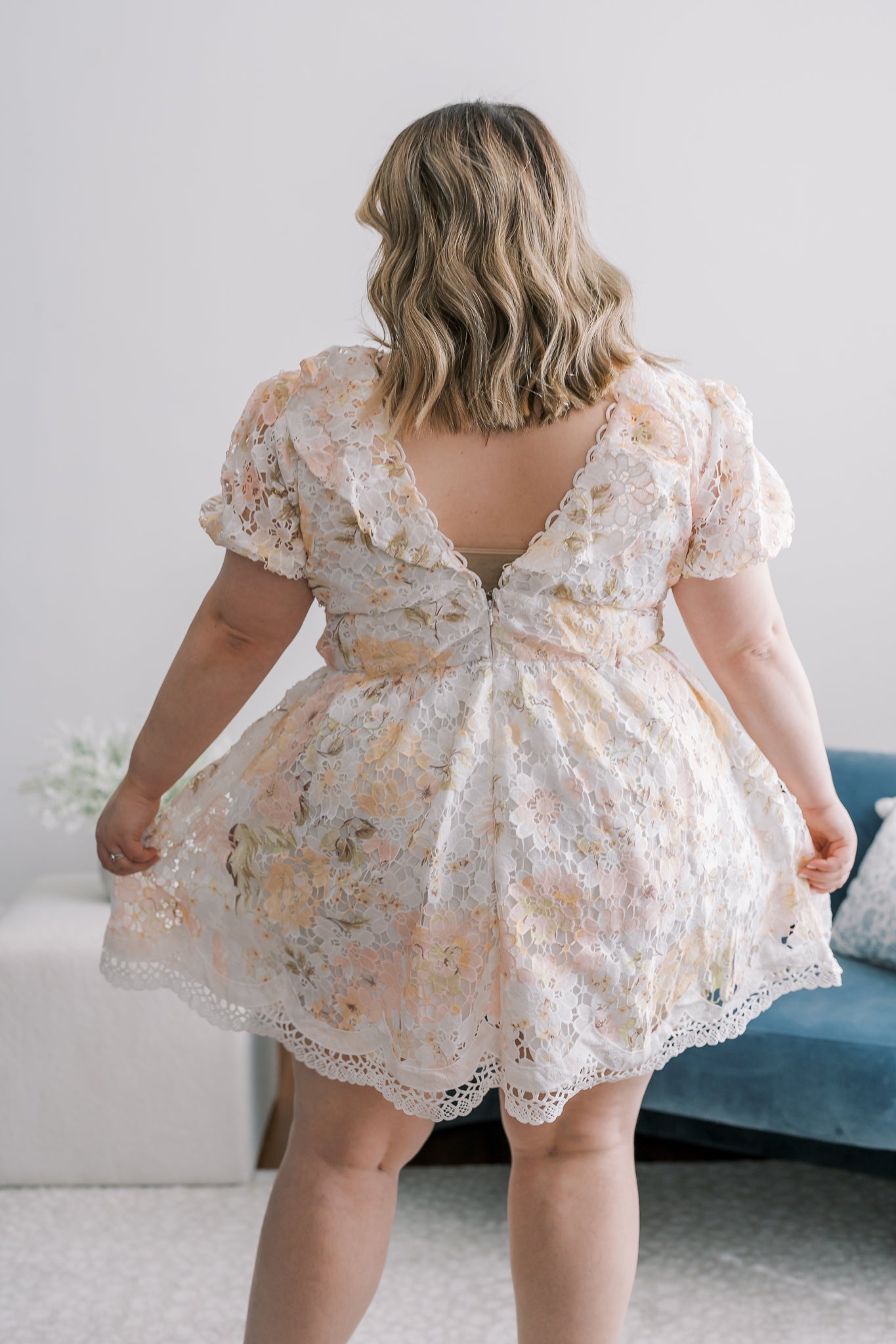 PLUS Short Puff Sleeve Floral Lace Dress