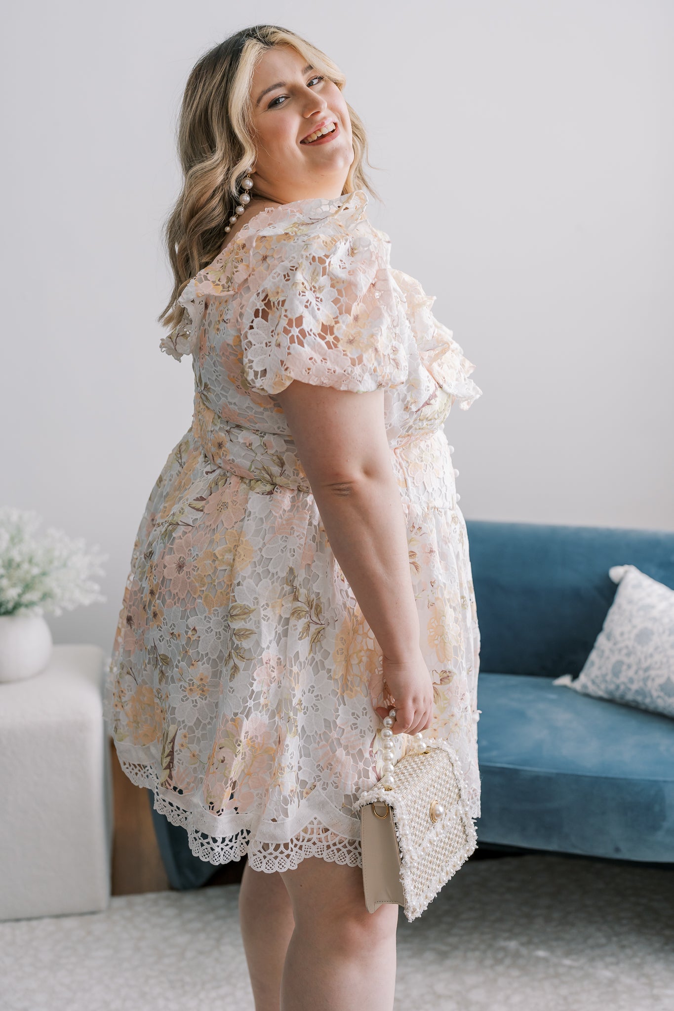 PLUS Short Puff Sleeve Floral Lace Dress