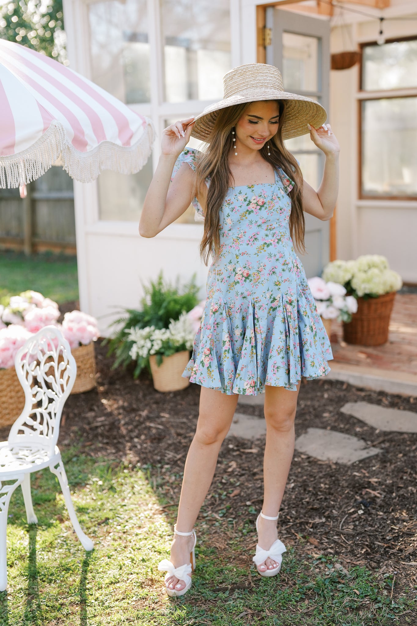 Flutter Sleeve Blue Multi-Floral Dress