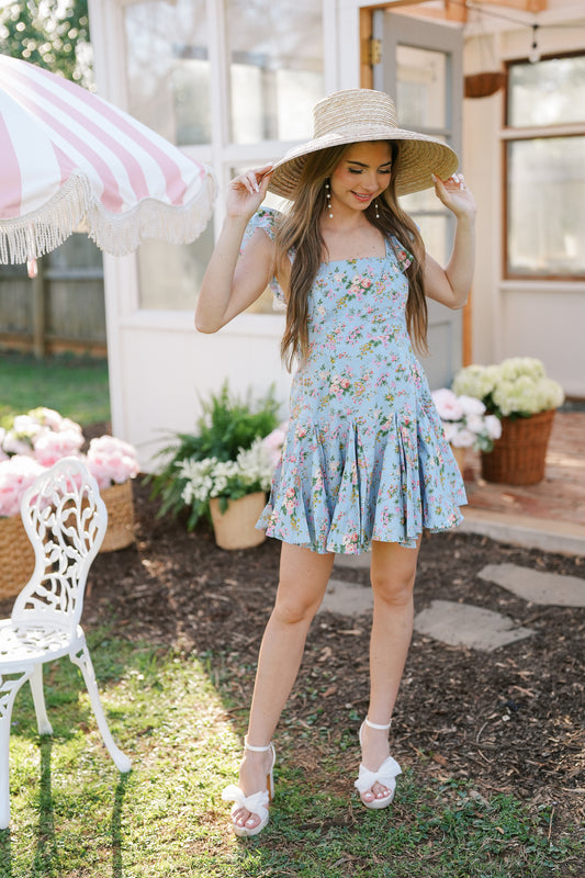 Flutter Sleeve Blue Multi-Floral Dress