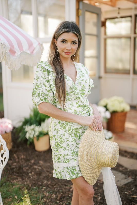 Cream and Green Floral Wrap Dress