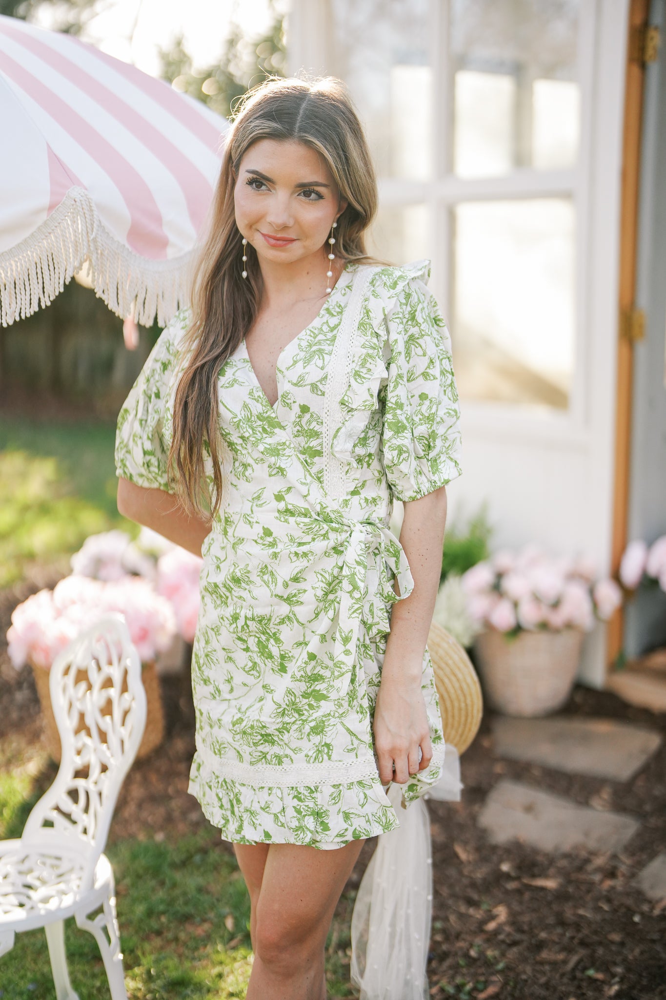 Cream and Green Floral Wrap Dress